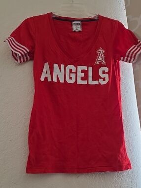 PINK Victoria's Secret Red 'Angels' V‑Neck Tee with Striped Sleeves